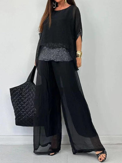 Elegante tweedelige set - chiffon top met korte mouwen + ademende broek met wijde pijpen
