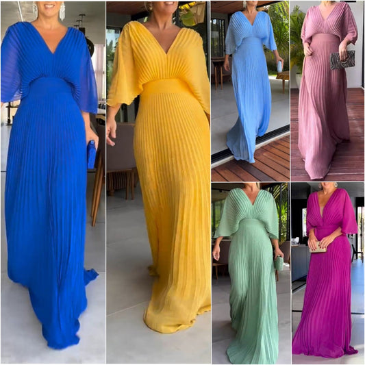 🔥2024 HOT SALE💃 Halflange mouwen effen kleur V-hals Maxi jurken