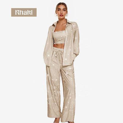 💕2025 HETE VERKOOP💐Paillettenblazer en wijde broek voor dames (set van 3 stuks)