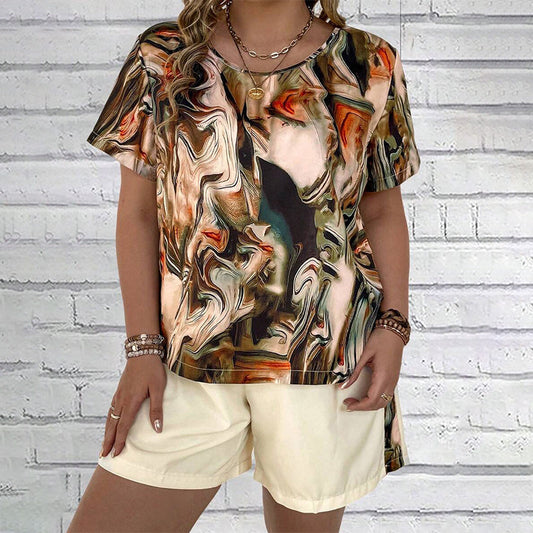 Trendy 2-delige set - T-shirt met korte mouwen en korte broek met print