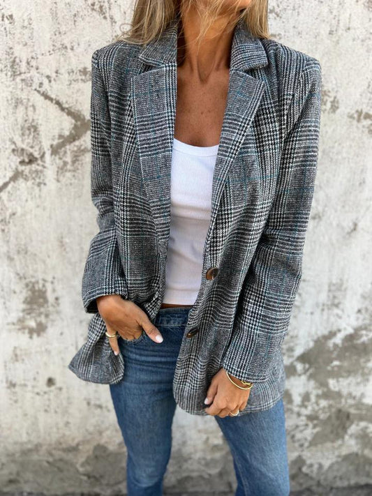 Herfst Kap Kraag Slim Button Plaid Klein Kostuum Voor Vrouwen