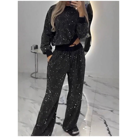 🎅Vroege kerstuitverkoop🎄Losse top met pailletten en wijde broek (set van 2 stuks)