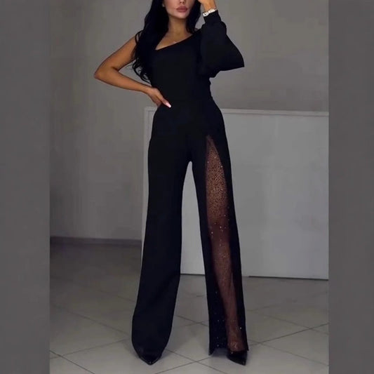 🎁Women's One Shoulder Sparkly Mesh Flared Jumpsuits