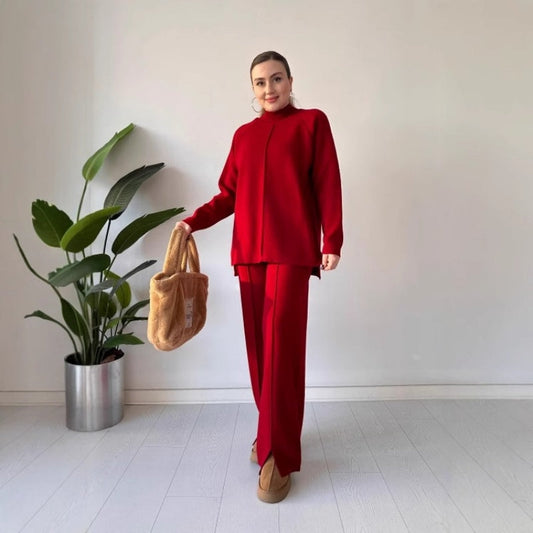 Tweedelige gebreide top & broek in effen kleur voor dames