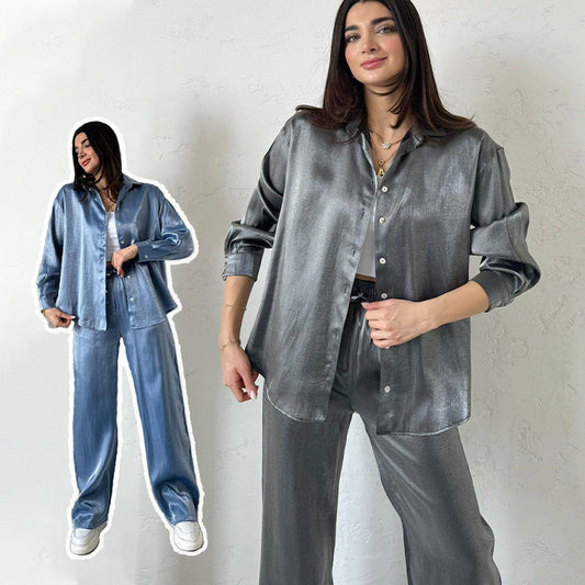 Trendy 2-delige outfits glanzend shirt en wijde broek met hoge taille