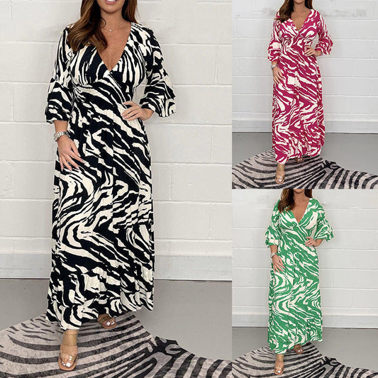 V-hals Zebra Stripe Taille 3/4 Mouwen Jurk