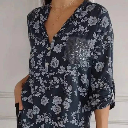 🌸 Vrouwenbloemenblouse met lange mouwen en paillettenzakje