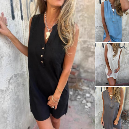 💖Grote prijsverlaging! 🔥💖Damesjurk zonder mouwen met knoopsluiting en V-hals