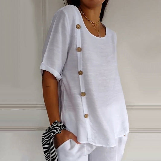 ⏳Beperkte tijd 50% korting!💥 Blouse met ronde hals en zijknopen voor vrouwen