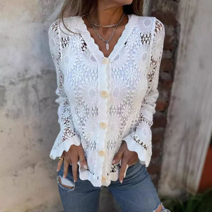 🌸Uitverkoop 50% korting Langarm Top met V-hals van Kant voor Vrouwen