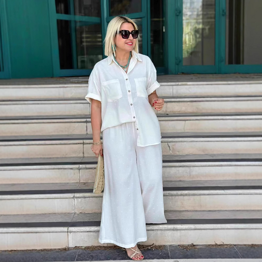 💙Ademend tweedelig pak in effen kleur – blouse met korte mouwen en kraag en wijde broek