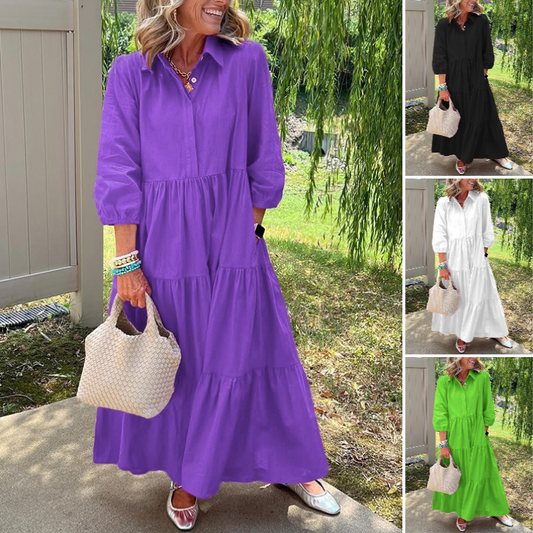 Dames casual loszittende jurk met reverskraag en enkellengte