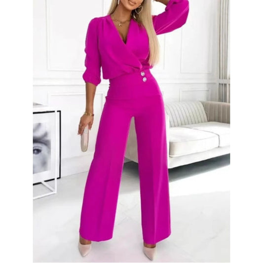 Damesmode V-hals top en broekset