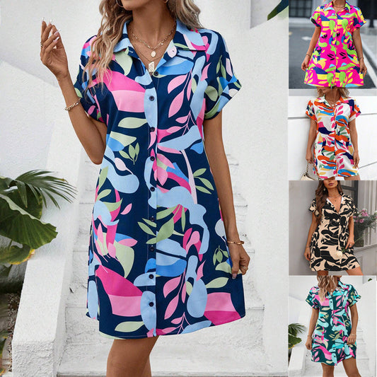 Dames Modieuze Bloemenprint Korte Mouw Shirtjurk
