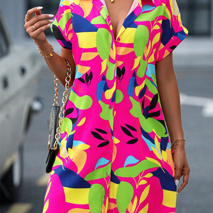 Dames Modieuze Bloemenprint Korte Mouw Shirtjurk