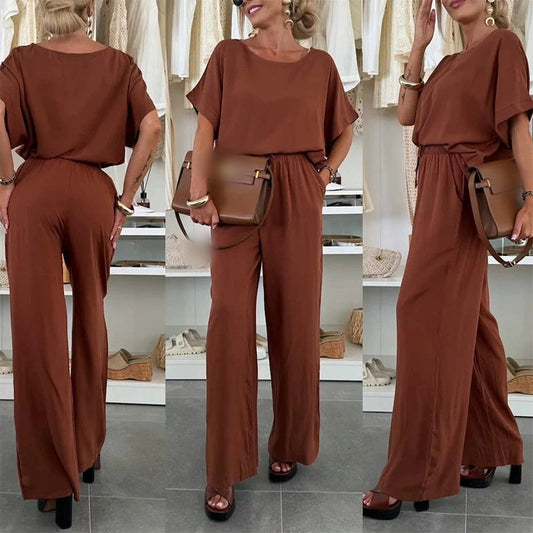 Vaste kleur korte mouw top & drawstring broek 2-delige set