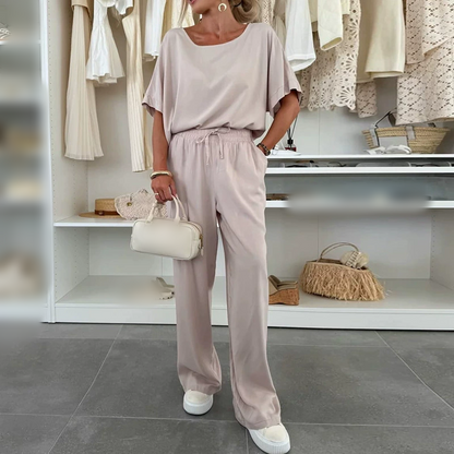 Vaste kleur korte mouw top & drawstring broek 2-delige set