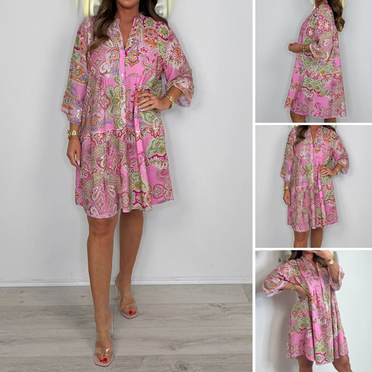 Verfijnde damesjurkm met Paisley-motief in roze tinten