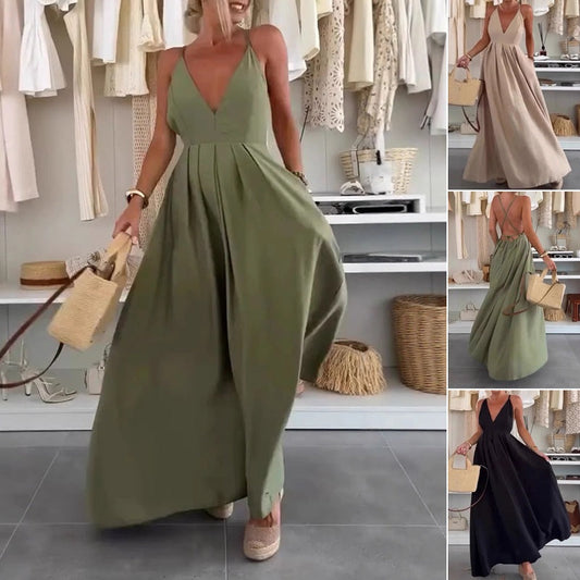 Dames v-neck open-back maxi-jurk