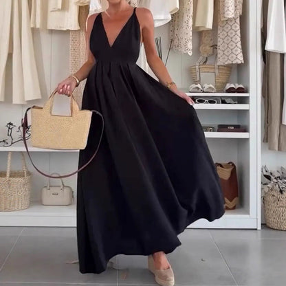 Dames v-neck open-back maxi-jurk