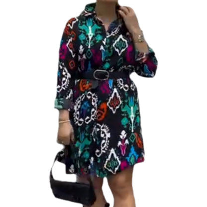 Women's Floral Printed Lapel Long Sleeve Shirt Dress