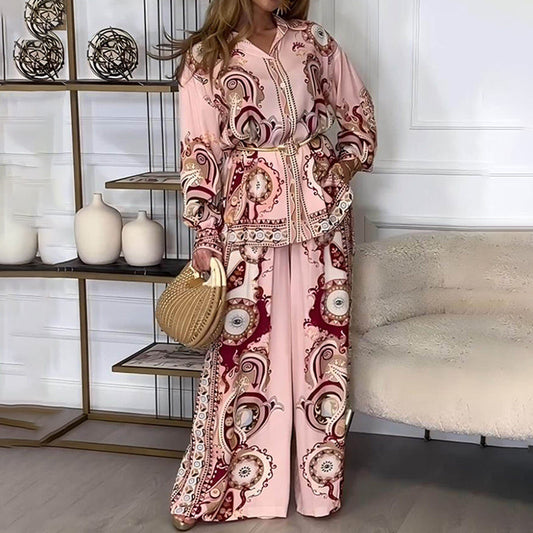 Verfijnde tweedelige outfit - top met etnische print & wijde pijpbroek