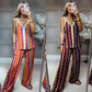 Stijlvolle tweedelige outfit met golvend patroon - bandjesblouse en culottes