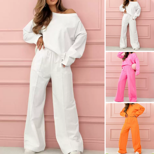 Modieuze en minimalistische ronde nek Top en breedbeenbroek 2-delige set
