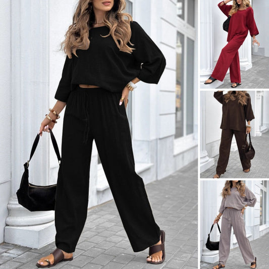 Dames Casual Effen Kleur Lange Mouwen Top en Broek Set