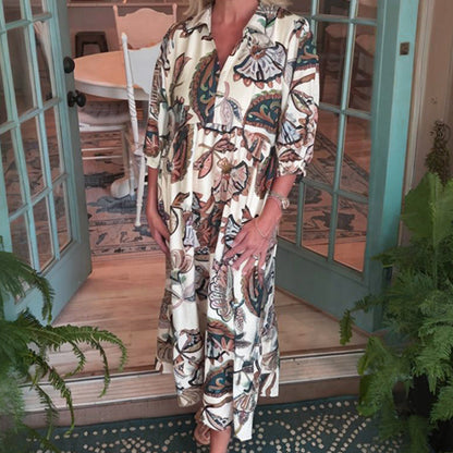 Dames Vintage Print V-hals Losse Jurk