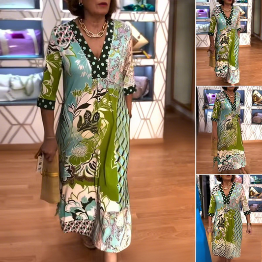 V-Hals Jurk met Bloemenprint, Zijsplit en 3/4 Mouwen