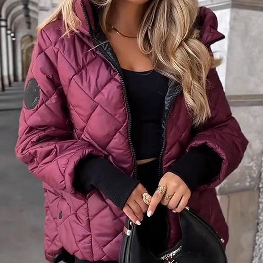 Dames Gewatteerde Pufferjas met Diamantpatroon – Retro Capuchon met Imitatiebont, 90% Donzen Vulling, Warm tot -25℃ voor Feestdagen en Stedelijke Woon-werkverkeer