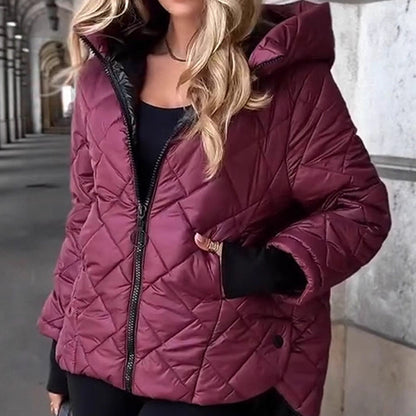 Dames Gewatteerde Pufferjas met Diamantpatroon – Retro Capuchon met Imitatiebont, 90% Donzen Vulling, Warm tot -25℃ voor Feestdagen en Stedelijke Woon-werkverkeer