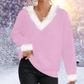 Dames trui met V-hals en pluche afwerking