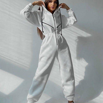 Comfortabele effen kleur dames jumpsuit met capuchon