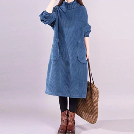 Hoge hals, losse corduroy maxi-jurk voor dames