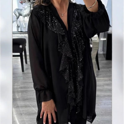 💃 Black Friday 49% KORTING! Dames Chiffon Blouse met V-Hals & Pailletten – Elegant & Stralend voor Elke Gelegenheid 🌟✨