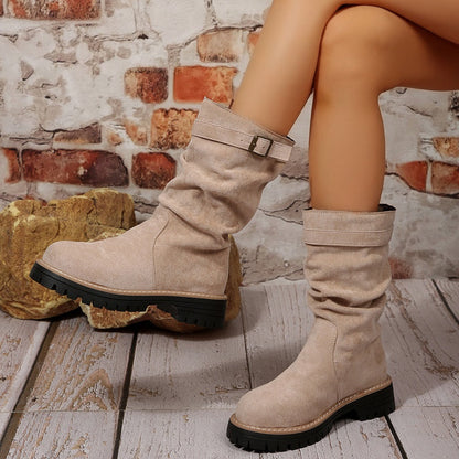 Women's Suede Slouchy Mid-Calf Boots with Buckle