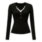 Dames V-Hals Top met Lange Mouwen en Kantpatchwork