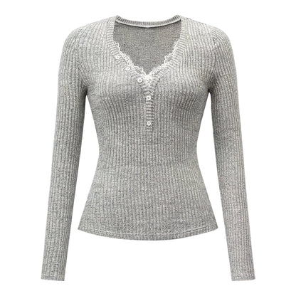Dames V-Hals Top met Lange Mouwen en Kantpatchwork