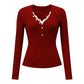 Dames V-Hals Top met Lange Mouwen en Kantpatchwork
