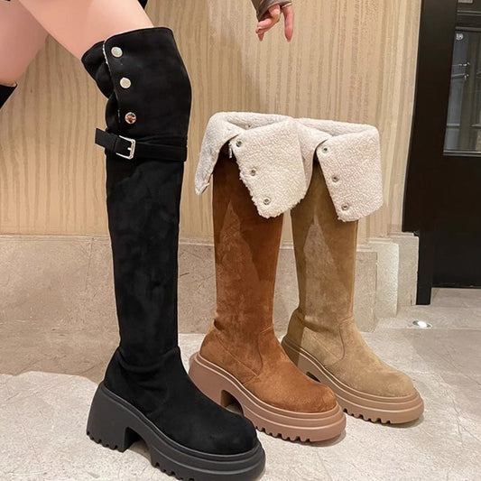 Pluche gevoerde omslagbare over-de-knie laarzen voor dames