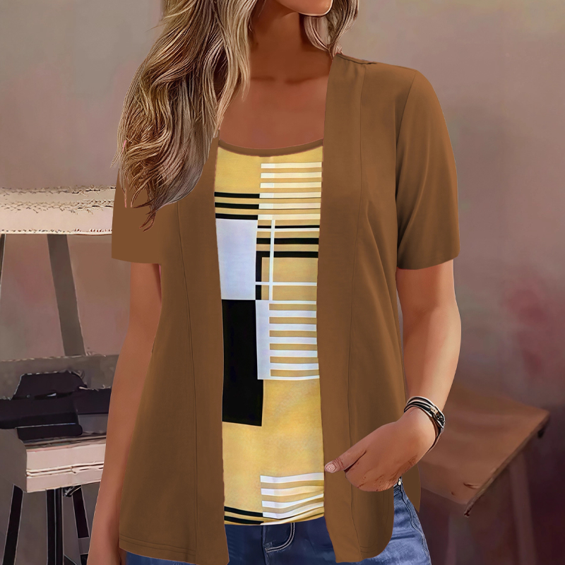 חולצת נשים בעיצוב בלוק צבעים ודו-חלקית מדומה