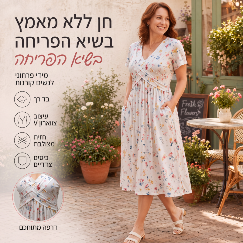 שמלה לנשים עם צוואר V, הדפס פרחים ופיתול במותניים