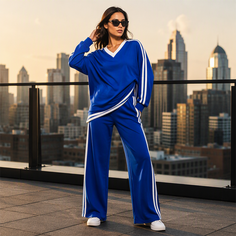 Women's Two-Piece Casual Set V-Neck Long Sleeve Top and Wide Leg Striped Pants Outfit