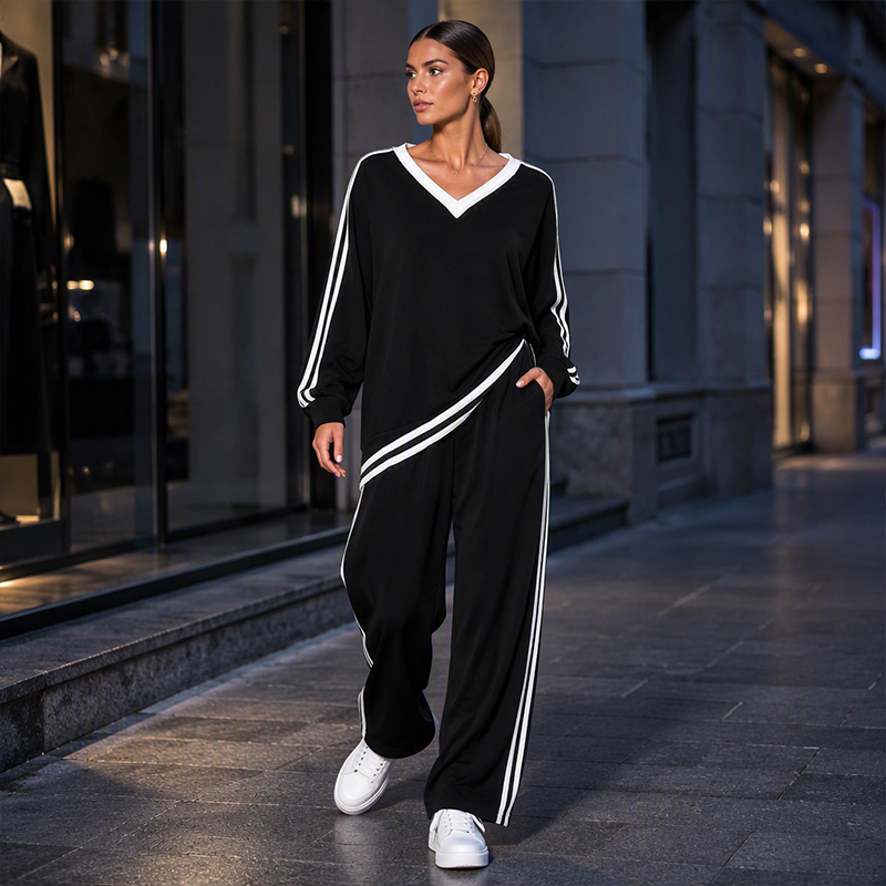 Women's Two-Piece Casual Set V-Neck Long Sleeve Top and Wide Leg Striped Pants Outfit