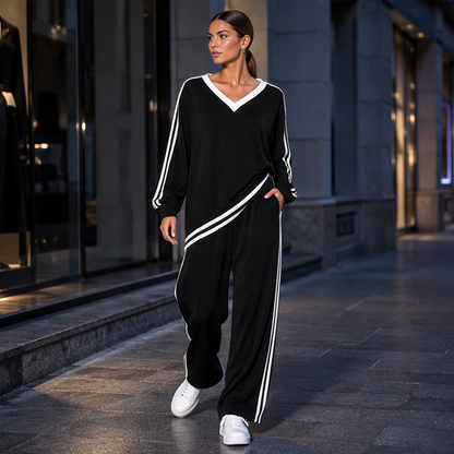 Women's Two-Piece Casual Set V-Neck Long Sleeve Top and Wide Leg Striped Pants Outfit