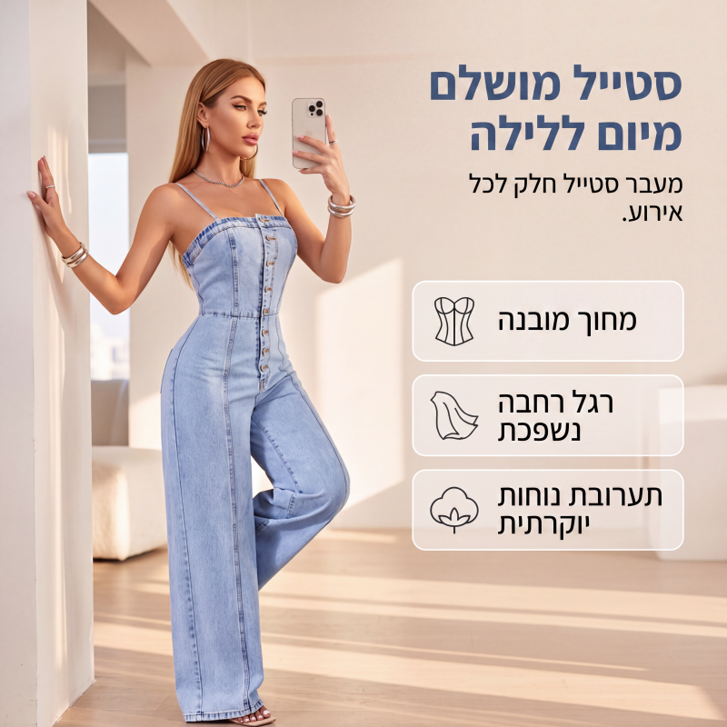 חליפת ג'ינס לנשים עם רצועות ספגטי ורגליים רחבות