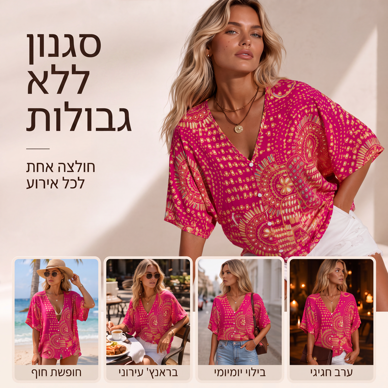 טרנדי עכשיו⭐👚 חולצת בוהו עם שרוולי בטווינג – צווארון V זורם וסגנון בוהמי קליל