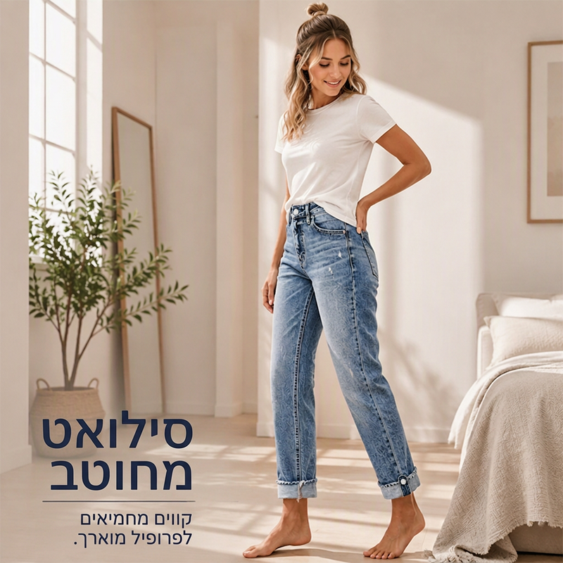 ג'ינסים נשיים קז'ואליים עם רגל ישרה וקרעים מעוצבים